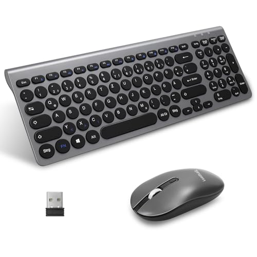 LeadsaiL, kabelloses Tastatur-Maus-Set, ergonomische Maus und Tastatur, kabellose PC-Tastatur und Maus, deutsches QWERTZ-Layout, leise Tastatur- und Maustasten, MacOS PC, Laptop, Grau von LeadsaiL