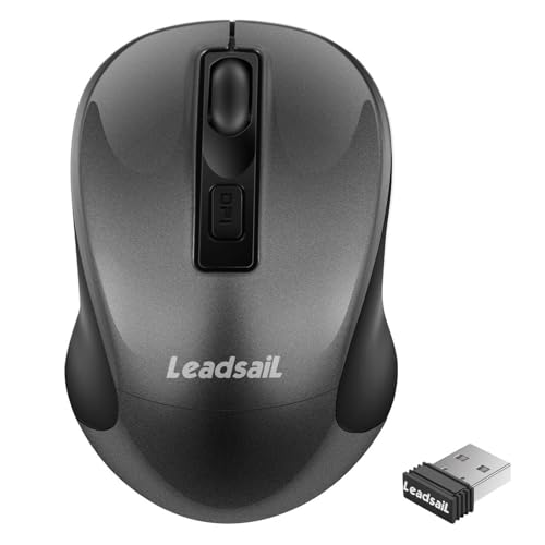 LeadsaiL Kabellose Maus, 1600DPI, 2,4 GHz mit USB-Empfänger, 4 Tasten, Leises Klicken und Scrollen, 15-Monate Akkulaufzeit, Kompatibilität mit Mehreren Geräten - Grau von LeadsaiL