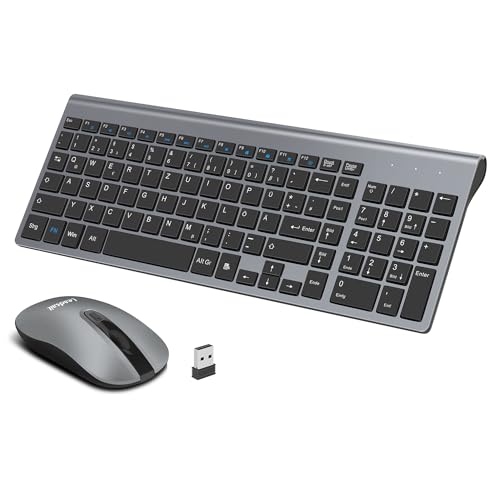 LeadsaiL Tastatur Maus Set Kabellos, 2,4 GHz USB-Empfänger Ultradünne Leise, Deutsch QWERTZ-Layout, 12 FN-Tasten Für Windows XP/7/8/10, PC, Laptop, Computer, Desktop - Grau von LeadsaiL