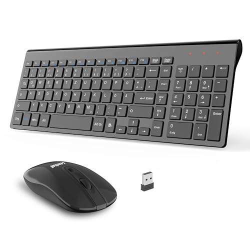 LeadsaiL Tastatur Maus Set Kabellos, 2,4 GHz USB-Empfänger Ultradünne Leise, Deutsch QWERTZ-Layout, 12 FN-Tasten Für Windows XP/7/8/10, PC, Laptop, Computer, Desktop - schwarz von LeadsaiL