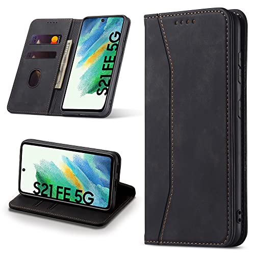 Leaisan 2022 Upgraded Handyhülle für Samsung Galaxy S21 FE 5G Hülle Premium Leder Flip Klappbare Stoßfeste Magnetische [Standfunktion] [Kartenfächern] Schutzhülle Tasche - Schwarz von Leaisan