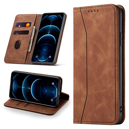 Leaisan Handyhülle, Hülle Premium Leder Flip Klappbare Stoßfeste Magnetische [Standfunktion] [Kartenfächern] Schutzhülle für iPhone 12/iPhone 12 Pro Tasche - Braun von Leaisan