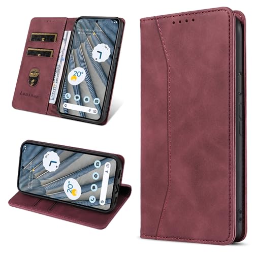 Leaisan Handyhülle für Google Pixel 7A Hülle Premium Leder Flip Klappbare Stoßfeste Magnetische [Standfunktion] [Kartenfächern] Schutzhülle für Pixel 7A Tasche - Wein Rot von Leaisan