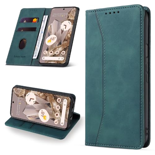 Leaisan Handyhülle für Google Pixel 8 Pro 5G Hülle Premium Leder Flip Klappbare Stoßfeste Magnetische [Standfunktion] [Kartenfächern] Schutzhülle für Google Pixel 8 Pro 5G Tasche - Malachitgrün von Leaisan