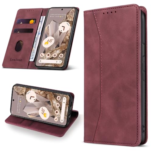Leaisan Handyhülle für Google Pixel 8 Pro 5G Hülle Premium Leder Flip Klappbare Stoßfeste Magnetische [Standfunktion] [Kartenfächern] Schutzhülle für Google Pixel 8 Pro 5G Tasche - Wein Rot von Leaisan