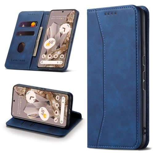 Leaisan Handyhülle für Google Pixel 8 Pro Hülle Premium Leder Flip Klappbare Stoßfeste Magnetische [Standfunktion] [Kartenfächern] Schutzhülle für Google Pixel 8 Pro Tasche - Blau von Leaisan