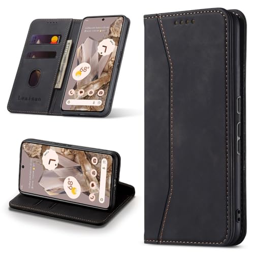Leaisan Handyhülle für Google Pixel 8 Pro Hülle Premium Leder Flip Klappbare Stoßfeste Magnetische [Standfunktion] [Kartenfächern] Schutzhülle für Google Pixel 8 Pro Tasche - Schwarz von Leaisan