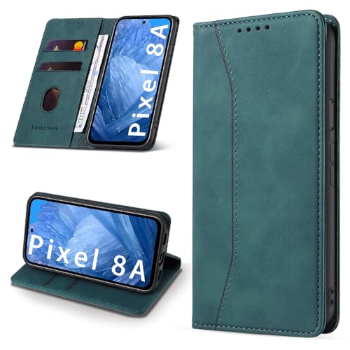 Leaisan Handyhülle für Google Pixel 8A 5G Hülle Premium Leder Flip Klappbare Stoßfeste Magnetische [Standfunktion] [Kartenfächern] Schutzhülle für Google Pixel 8A 5G Tasche - Malachitgrün von Leaisan