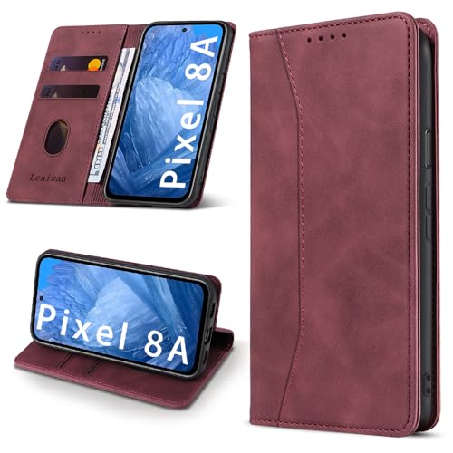 Leaisan Handyhülle für Google Pixel 8A 5G Hülle Premium Leder Flip Klappbare Stoßfeste Magnetische [Standfunktion] [Kartenfächern] Schutzhülle für Google Pixel 8A 5G Tasche - Wein Rot von Leaisan