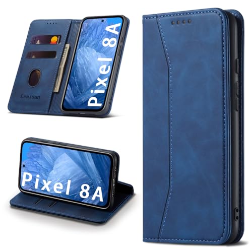Leaisan Handyhülle für Google Pixel 8A Hülle Premium Leder Flip Klappbare Stoßfeste Magnetische [Standfunktion] [Kartenfächern] Schutzhülle für Google Pixel 8A 5G Tasche - Blau von Leaisan