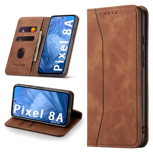 Leaisan Handyhülle für Google Pixel 8A Hülle Premium Leder Flip Klappbare Stoßfeste Magnetische [Standfunktion] [Kartenfächern] Schutzhülle für Google Pixel 8A 5G Tasche - Braun von Leaisan