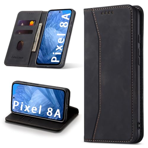 Leaisan Handyhülle für Google Pixel 8A Hülle Premium Leder Flip Klappbare Stoßfeste Magnetische [Standfunktion] [Kartenfächern] Schutzhülle für Google Pixel 8A 5G Tasche - Schwarz von Leaisan