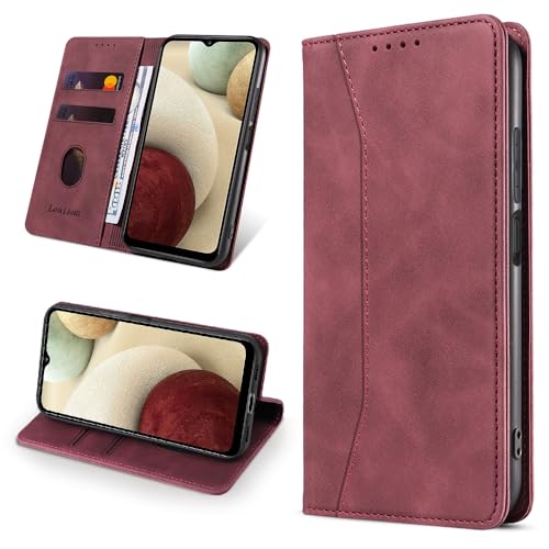Leaisan Handyhülle für Samsung Galaxy A12 Hülle Premium Leder Flip Klappbare Stoßfeste Magnetische [Standfunktion] [Kartenfächern] Schutzhülle für Samsung Galaxy A12 Tasche - Wein Rot von Leaisan