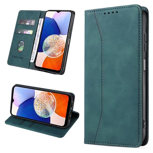 Leaisan Handyhülle für Samsung Galaxy A14 5G/4G Hülle Premium Leder Flip Klappbare Stoßfeste Magnetische [Standfunktion] [Kartenfächern] Schutzhülle für Samsung A14 5G/4G Tasche - Malachitgrün von Leaisan