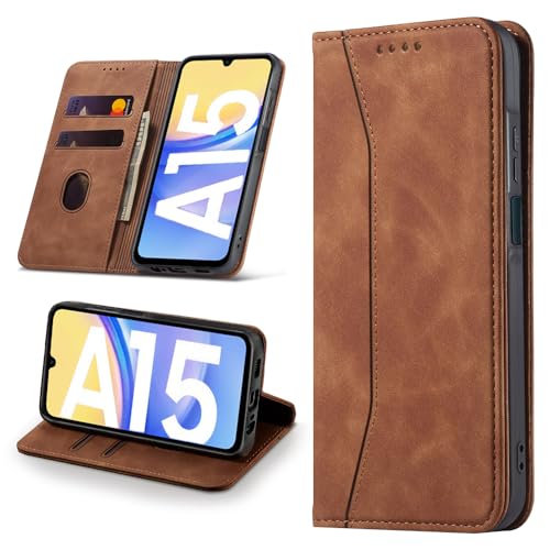 Leaisan Handyhülle für Samsung Galaxy A15 5G/4G Hülle Premium Leder Flip Klappbare Stoßfeste Magnetische [Standfunktion] [Kartenfächern] Schutzhülle für Samsung Galaxy A15 5G/4G Tasche - Braun von Leaisan