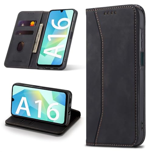 Leaisan Handyhülle für Samsung Galaxy A16 5G Hülle Premium Leder Flip Klappbare Stoßfeste Magnetische [Standfunktion] [Kartenfächern] Schutzhülle für Samsung A16 5G Tasche - Schwarz von Leaisan