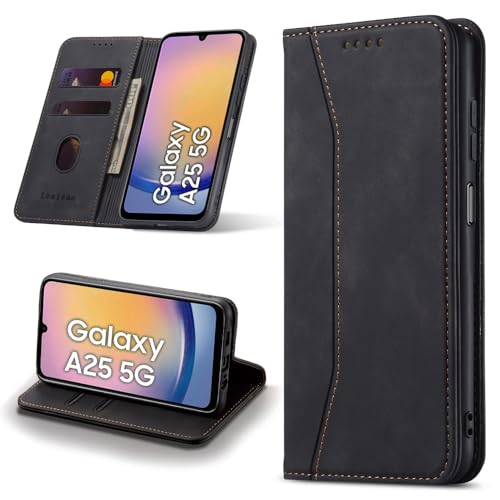 Leaisan Handyhülle für Samsung Galaxy A25 5G Hülle Premium Leder Flip Klappbare Stoßfeste Magnetische [Standfunktion] [Kartenfächern] Schutzhülle für Samsung A25 5G Tasche - Schwarz von Leaisan