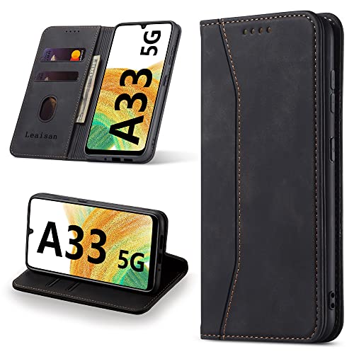 Leaisan Handyhülle für Samsung Galaxy A33 5G Hülle Premium Leder Flip Klappbare Stoßfeste Magnetische [Standfunktion] [Kartenfächern] Schutzhülle für Samsung Galaxy A33 5G Tasche - Schwarz von Leaisan