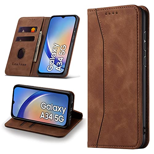 Leaisan Handyhülle für Samsung Galaxy A34 5G Hülle Premium Leder Flip Klappbare Stoßfeste Magnetische [Standfunktion] [Kartenfächern] Schutzhülle für Samsung Galaxy A34 5G Tasche - Braun von Leaisan