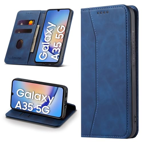 Leaisan Handyhülle für Samsung Galaxy A35 5G Hülle Premium Leder Flip Klappbare Stoßfeste Magnetische [Standfunktion] [Kartenfächern] Schutzhülle für Samsung A35 5G Tasche - Blau von Leaisan