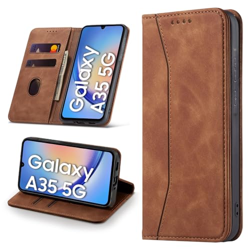 Leaisan Handyhülle für Samsung Galaxy A35 5G Hülle Premium Leder Flip Klappbare Stoßfeste Magnetische [Standfunktion] [Kartenfächern] Schutzhülle für Samsung A35 5G Tasche - Braun von Leaisan