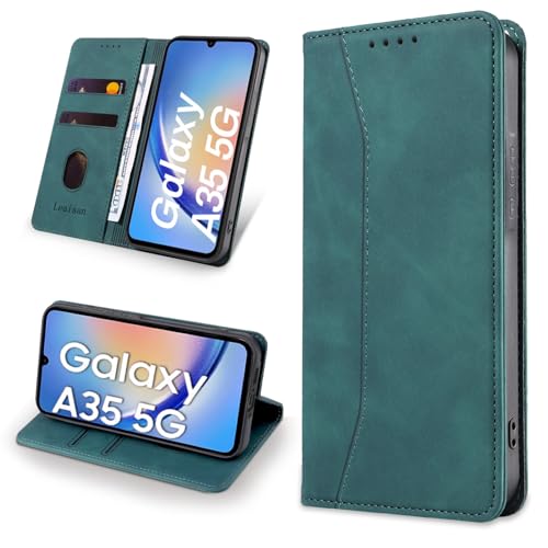 Leaisan Handyhülle für Samsung Galaxy A35 5G Hülle Premium Leder Flip Klappbare Stoßfeste Magnetische [Standfunktion] [Kartenfächern] Schutzhülle für Samsung Galaxy A35 5G Tasche - Malachitgrün von Leaisan