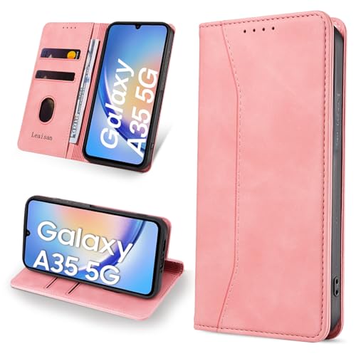 Leaisan Handyhülle für Samsung Galaxy A35 5G Hülle Premium Leder Flip Klappbare Stoßfeste Magnetische [Standfunktion] [Kartenfächern] Schutzhülle für Samsung Galaxy A35 5G Tasche - Rose Gold von Leaisan