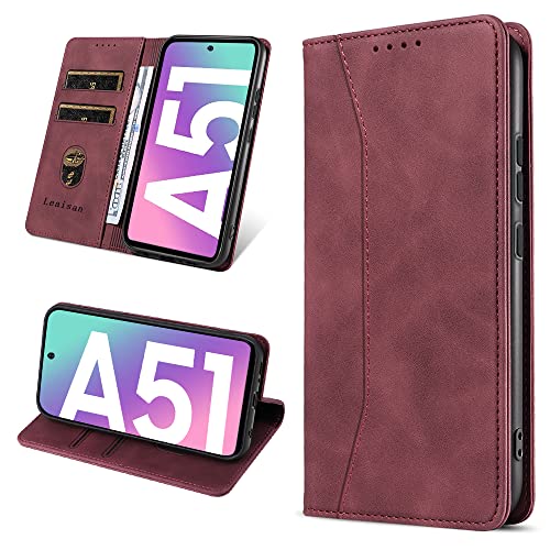 Leaisan Handyhülle für Samsung Galaxy A51 Hülle Premium Leder Flip Klappbare Stoßfeste Magnetische [Standfunktion] [Kartenfächern] Schutzhülle für Samsung Galaxy A51 Tasche - Wein Rot von Leaisan