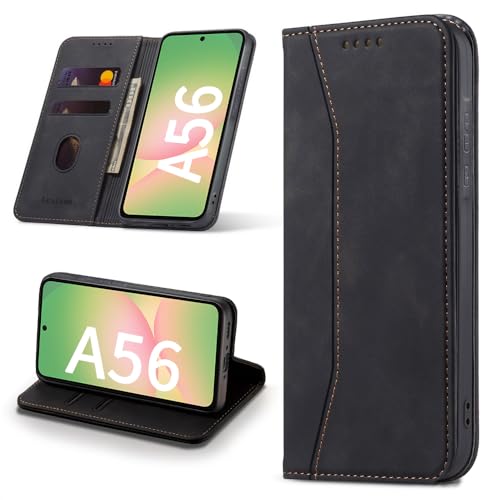 Leaisan Handyhülle für Samsung Galaxy A56 5G Hülle Premium Leder Flip Klappbare Stoßfeste Magnetische [Standfunktion] [Kartenfächern] Schutzhülle für Samsung A56 5G Tasche - Schwarz von Leaisan