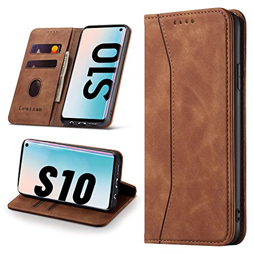 Leaisan Handyhülle für Samsung Galaxy S10 Hülle Premium Leder Flip Klappbare Stoßfeste Magnetische [Standfunktion] [Kartenfächern] Schutzhülle für Samsung Galaxy S10 Tasche - Braun von Leaisan