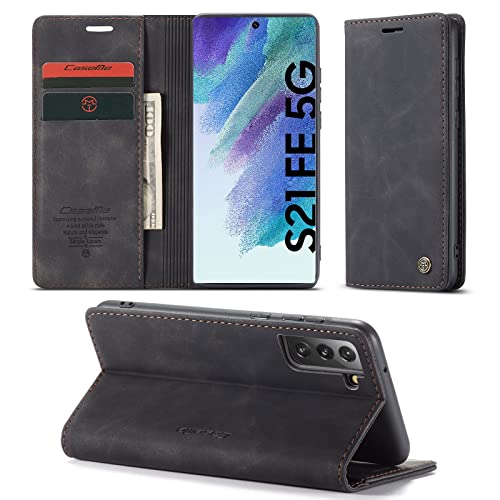 Leaisan Handyhülle für Samsung Galaxy S21 FE 5G Hülle Premium Leder Flip Klapphülle Brieftasche Kartenfach Standfunktion Magnetische Schutzhülle Tasche für Samsung Galaxy S21 FE 5G - Schwarz von Leaisan