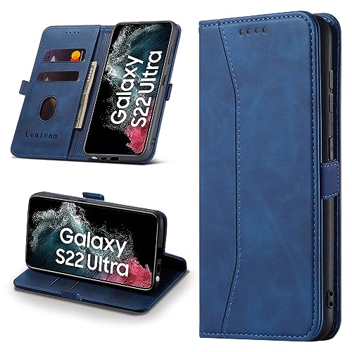 Leaisan Handyhülle für Samsung Galaxy S22 Ultra 5G Hülle (Not S22) Premium Leder Flip Klappbare Stoßfeste Magnetische [Standfunktion] [Kartenfächern] Schutzhülle Tasche - Blau von Leaisan