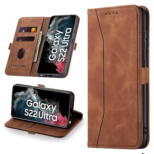 Leaisan Handyhülle für Samsung Galaxy S22 Ultra 5G Hülle (Not S22) Premium Leder Flip Klappbare Stoßfeste Magnetische [Standfunktion] [Kartenfächern] Schutzhülle Tasche - Braun von Leaisan