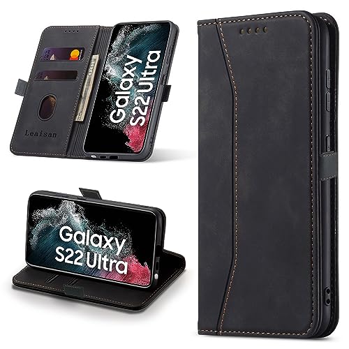 Leaisan Handyhülle für Samsung Galaxy S22 Ultra 5G Hülle (Not S22) Premium Leder Flip Klappbare Stoßfeste Magnetische [Standfunktion] [Kartenfächern] Schutzhülle Tasche - Schwarz von Leaisan
