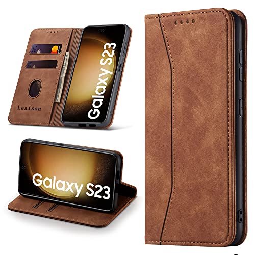 Leaisan Handyhülle für Samsung Galaxy S23 Hülle Premium Leder Flip Klappbare Stoßfeste Magnetische [Standfunktion] [Kartenfächern] Schutzhülle für Samsung S23 Tasche - Braun von Leaisan