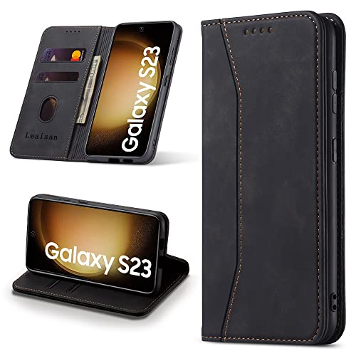 Leaisan Handyhülle für Samsung Galaxy S23 Hülle Premium Leder Flip Klappbare Stoßfeste Magnetische [Standfunktion] [Kartenfächern] Schutzhülle für Samsung S23 Tasche - Schwarz von Leaisan