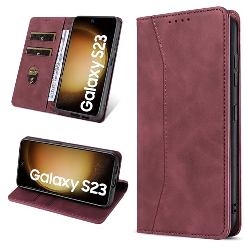 Leaisan Handyhülle für Samsung Galaxy S23 Hülle Premium Leder Flip Klappbare Stoßfeste Magnetische [Standfunktion] [Kartenfächern] Schutzhülle für Samsung S23 Tasche - Wein Rot von Leaisan