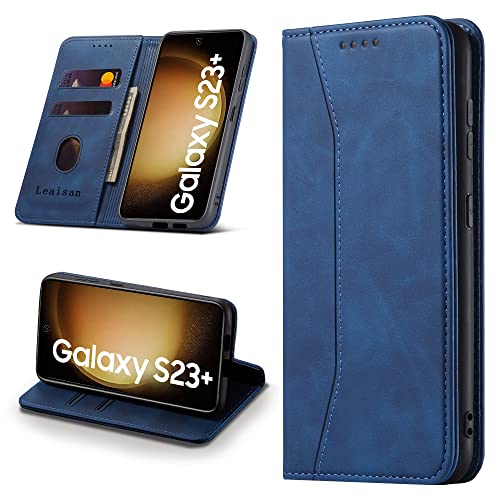 Leaisan Handyhülle für Samsung Galaxy S23 Plus Hülle Premium Leder Flip Klappbare Stoßfeste Magnetische [Standfunktion] [Kartenfächern] Schutzhülle für Samsung S23 Plus Tasche - Blau von Leaisan