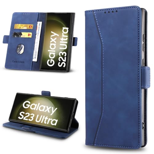 Leaisan Handyhülle für Samsung Galaxy S23 Ultra Hülle (Not S23) Premium Leder Flip Klappbare Stoßfeste Magnetische [Standfunktion] [Kartenfächern] Schutzhülle Tasche - Blau von Leaisan