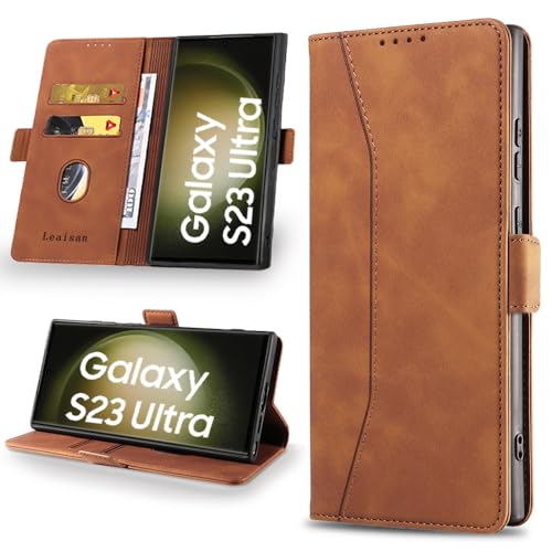 Leaisan Handyhülle für Samsung Galaxy S23 Ultra Hülle (Not S23) Premium Leder Flip Klappbare Stoßfeste Magnetische [Standfunktion] [Kartenfächern] Schutzhülle Tasche - Braun von Leaisan