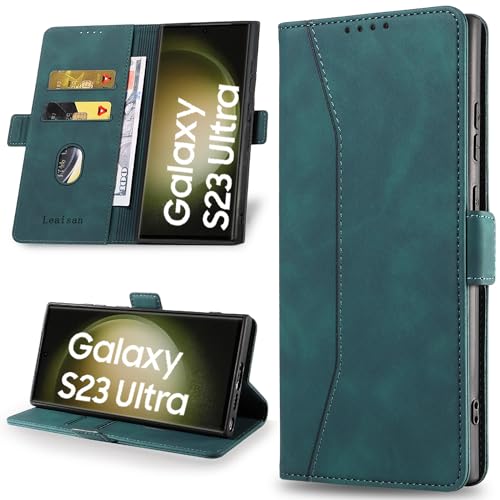 Leaisan Handyhülle für Samsung Galaxy S23 Ultra Hülle (Not S23) Premium Leder Flip Klappbare Stoßfeste Magnetische [Standfunktion] [Kartenfächern] Schutzhülle Tasche - Malachitgrün von Leaisan