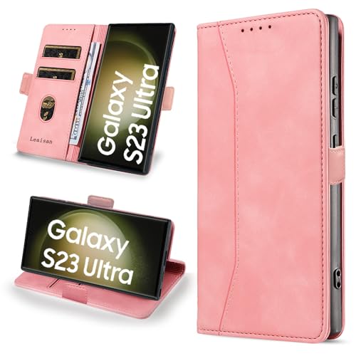 Leaisan Handyhülle für Samsung Galaxy S23 Ultra Hülle (Not S23) Premium Leder Flip Klappbare Stoßfeste Magnetische [Standfunktion] [Kartenfächern] Schutzhülle Tasche - Rose Gold von Leaisan