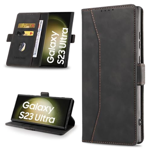 Leaisan Handyhülle für Samsung Galaxy S23 Ultra Hülle (Not S23) Premium Leder Flip Klappbare Stoßfeste Magnetische [Standfunktion] [Kartenfächern] Schutzhülle Tasche - Schwarz von Leaisan