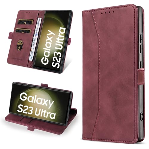 Leaisan Handyhülle für Samsung Galaxy S23 Ultra Hülle (Not S23) Premium Leder Flip Klappbare Stoßfeste Magnetische [Standfunktion] [Kartenfächern] Schutzhülle Tasche - Wein Rot von Leaisan