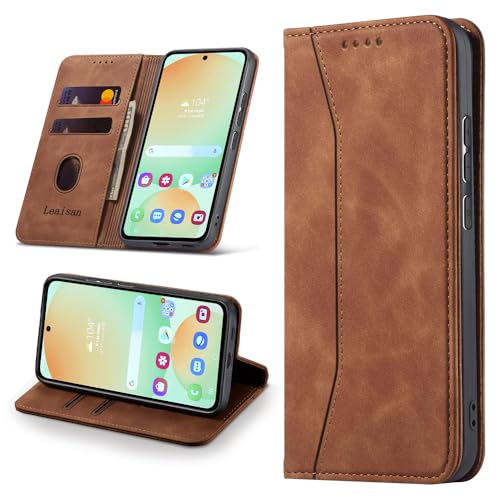 Leaisan Handyhülle für Samsung Galaxy S24 FE Hülle Premium Leder Flip Klappbare Stoßfeste Magnetische [Standfunktion] [Kartenfächern] Schutzhülle für Samsung S24 FE 5G Tasche - Braun von Leaisan