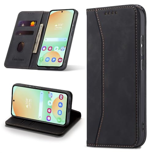 Leaisan Handyhülle für Samsung Galaxy S24 FE Hülle Premium Leder Flip Klappbare Stoßfeste Magnetische [Standfunktion] [Kartenfächern] Schutzhülle für Samsung S24 FE 5G Tasche - Schwarz von Leaisan
