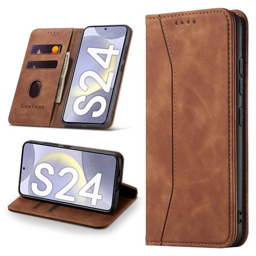 Leaisan Handyhülle für Samsung Galaxy S24 Hülle Premium Leder Flip Klappbare Stoßfeste Magnetische [Standfunktion] [Kartenfächern] Schutzhülle für Samsung S24 5G Tasche - Braun von Leaisan