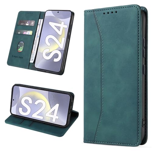 Leaisan Handyhülle für Samsung Galaxy S24 Hülle Premium Leder Flip Klappbare Stoßfeste Magnetische [Standfunktion] [Kartenfächern] Schutzhülle für Samsung S24 5G Tasche - Malachitgrün von Leaisan