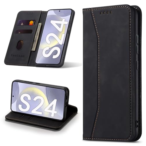 Leaisan Handyhülle für Samsung Galaxy S24 Hülle Premium Leder Flip Klappbare Stoßfeste Magnetische [Standfunktion] [Kartenfächern] Schutzhülle für Samsung S24 5G Tasche - Schwarz von Leaisan