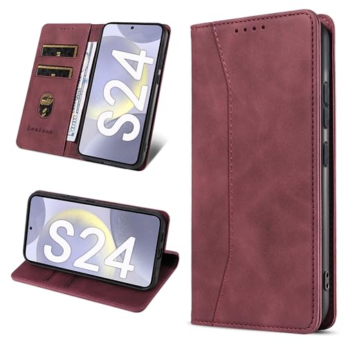 Leaisan Handyhülle für Samsung Galaxy S24 Hülle Premium Leder Flip Klappbare Stoßfeste Magnetische [Standfunktion] [Kartenfächern] Schutzhülle für Samsung S24 5G Tasche - Wein Rot von Leaisan
